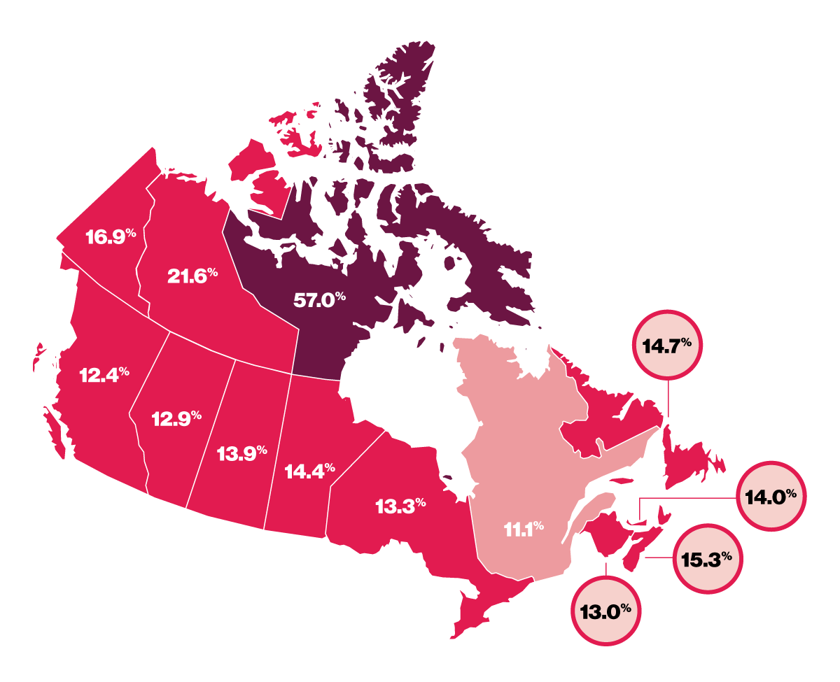Map of Canada with prevalence of food insecurity in the jurisdictions that monitored in 2013-2014
