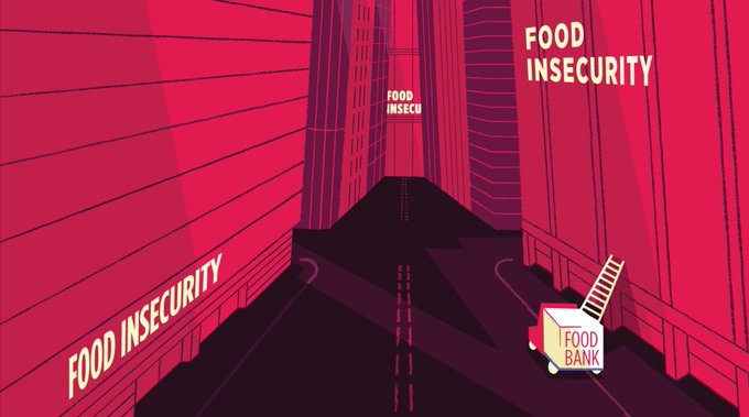 Image of skyscrapers with words "food insecurity" on them. A small truck with a short ladder labelled "food bank" is on the road, representing the disconnect between food insecurity and food bank use.