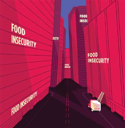 Image of skyscrapers with words "food insecurity" on them. A small truck with a short ladder labelled "food bank" is on the road, representing the disconnect between food insecurity and food bank use.