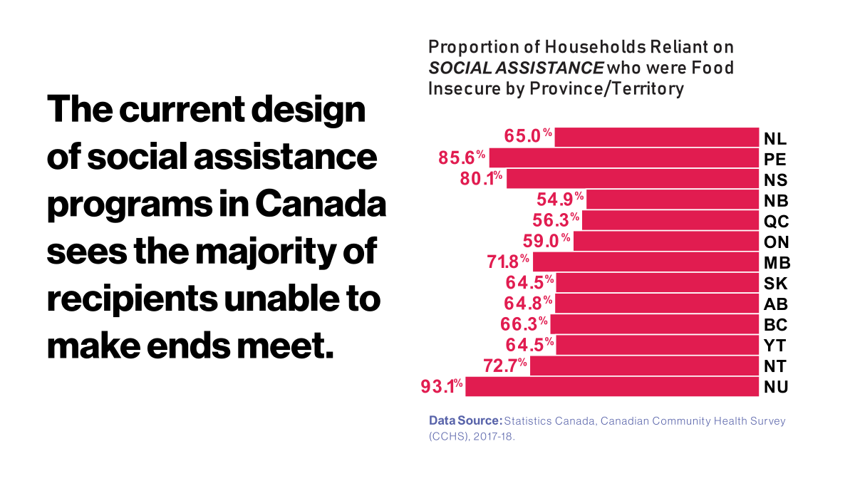 The current design of social assistance programs in Canada sees the majority of recipients unable to make ends meet. Graphic: Bar graph of proportion of households reliant on social assistance who were food-insecure by province and territory.