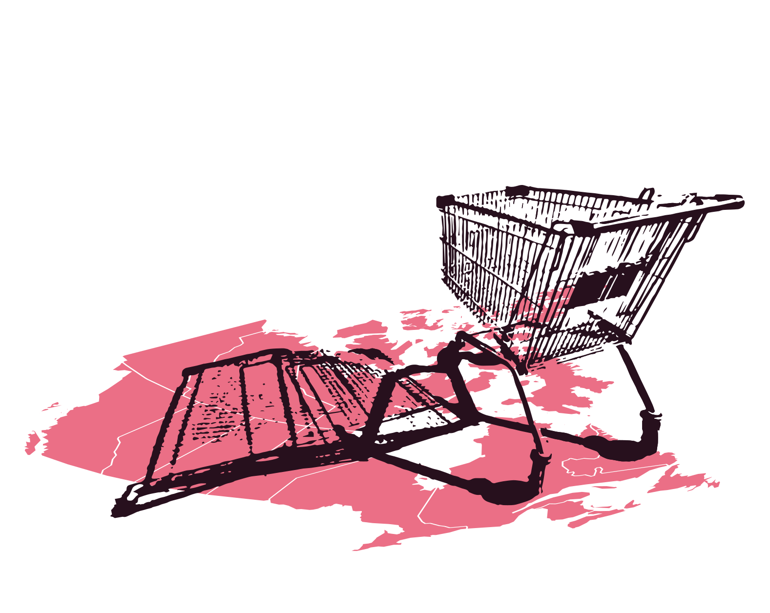 Illustration of empty shopping cart casting shadow on map of Canada