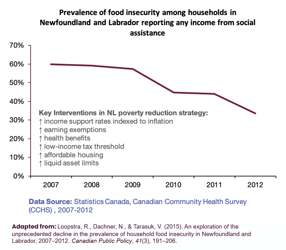 Newfoundland and Labrador saw unprecedented declines in their prevalence of food insecurity following the introduction of a new poverty reduction strategy in 2006, which targeted the depth of poverty through a wide range of interventions.